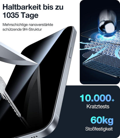 iPhone 15 Pro Max Panzerglas Sichtschutz 9H+ Schutzfolie 2 Stück Schwarz