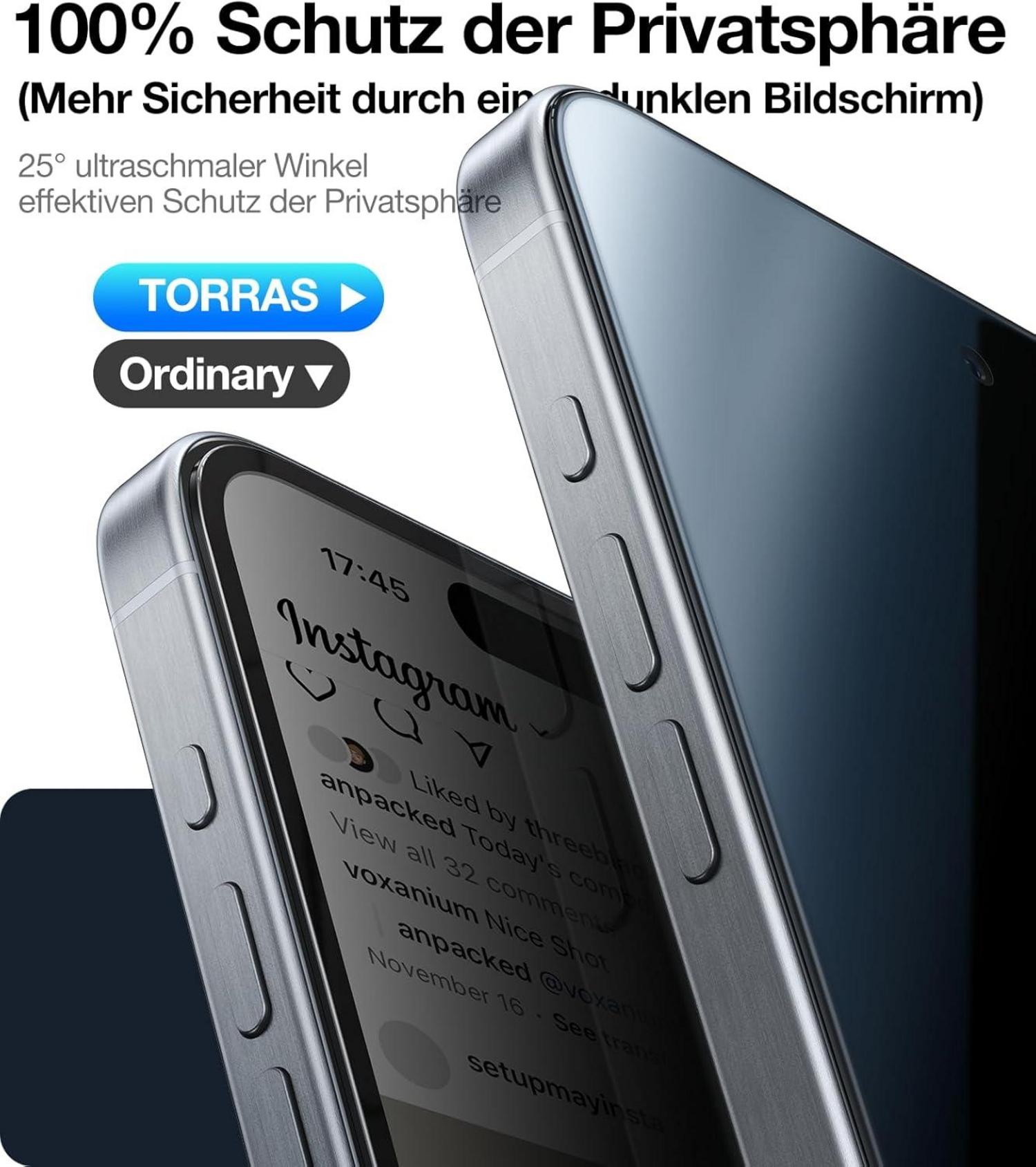 Schutzglas Panzerglas iPhone 15 Sichtschutzfolie 2er Pack Schwarz