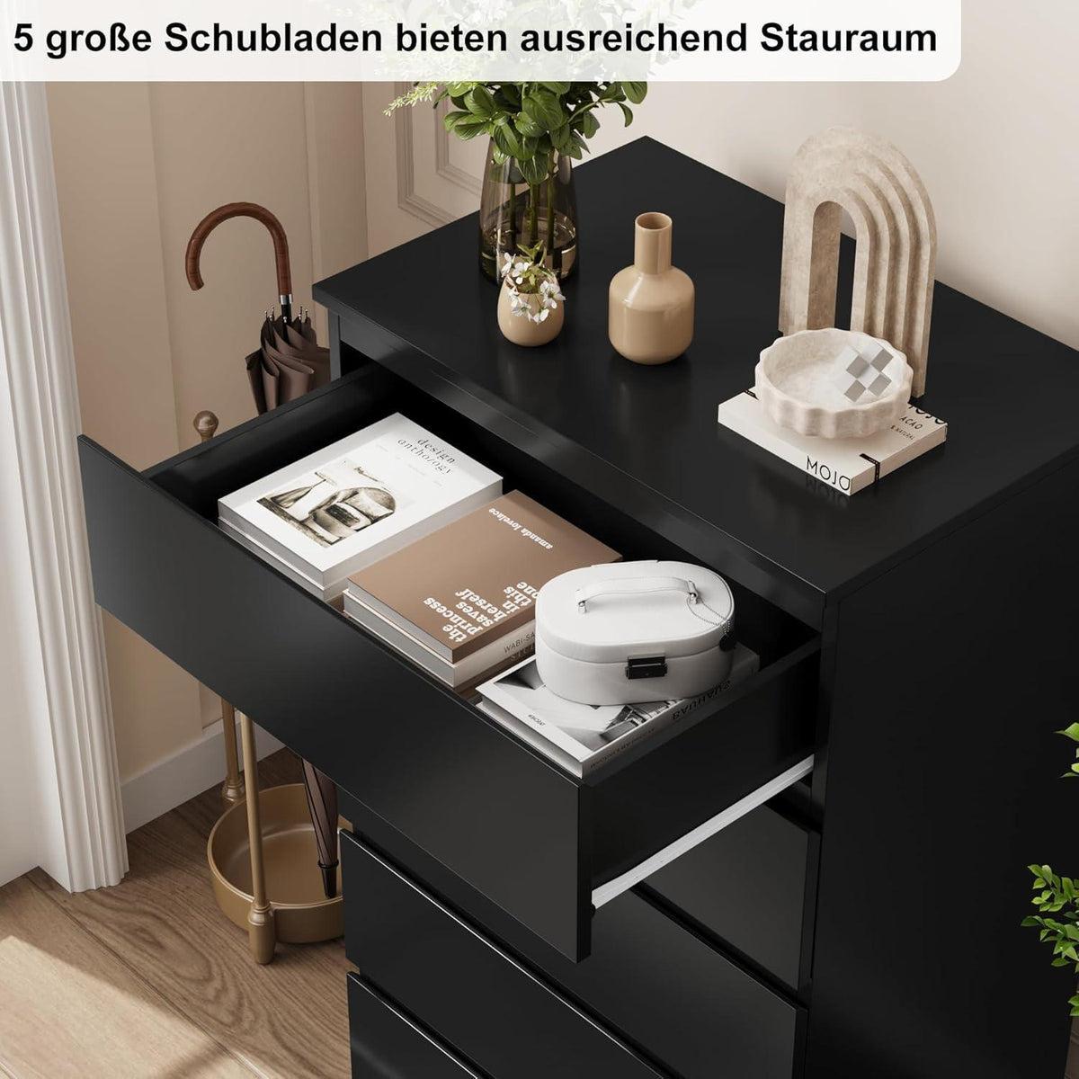Schwarze Kommode mit 5 Schubladen – 60x40x100cm