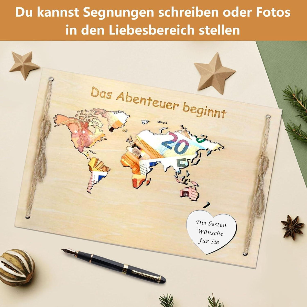 Geldgeschenk Hochzeit Holz Weltkarte Grußkarte 3-in-1 Geschenk 27x19cm