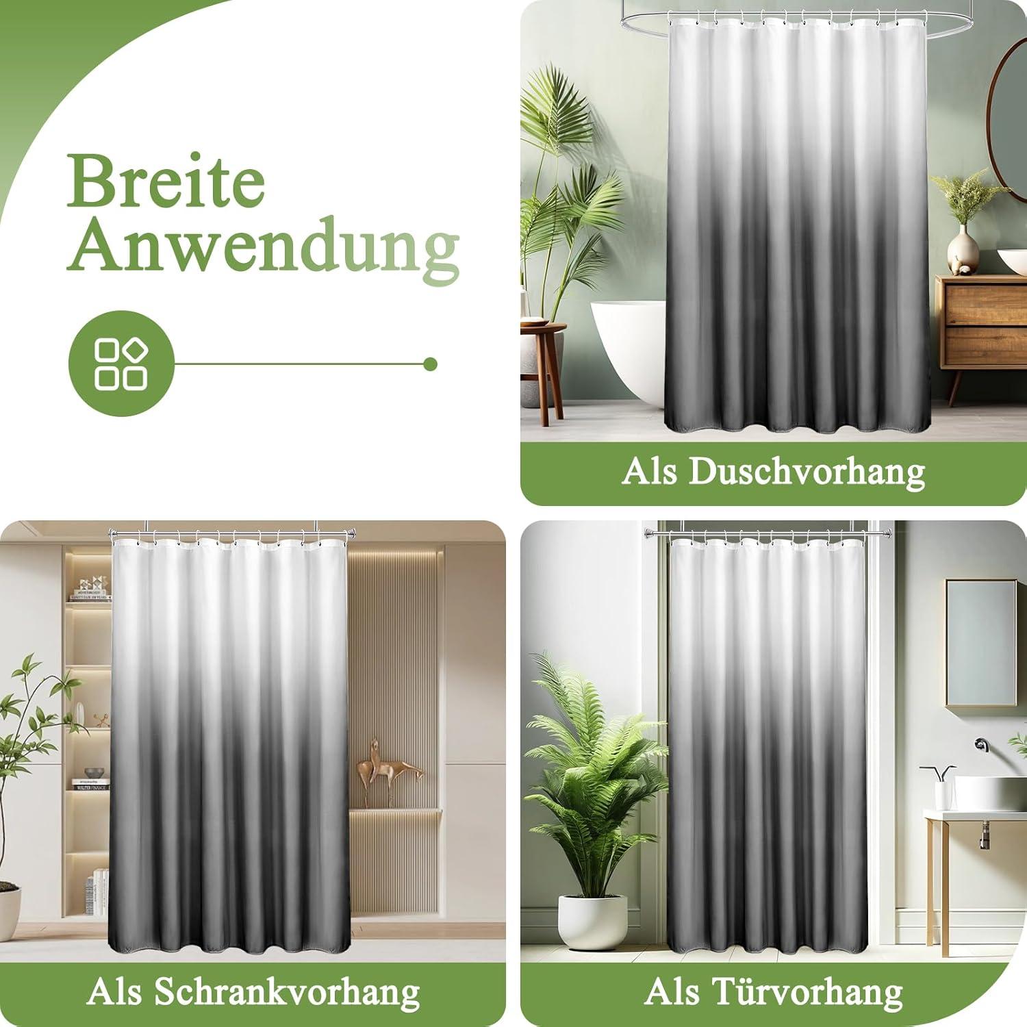 Duschvorhang 200x200cm Textil Grau Wasserdicht Waschbar mit 14