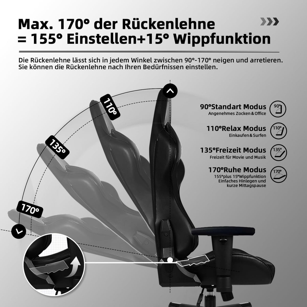 Gaming Stuhl mit verstellbaren Lendenkissen und Armlehne, bis zu