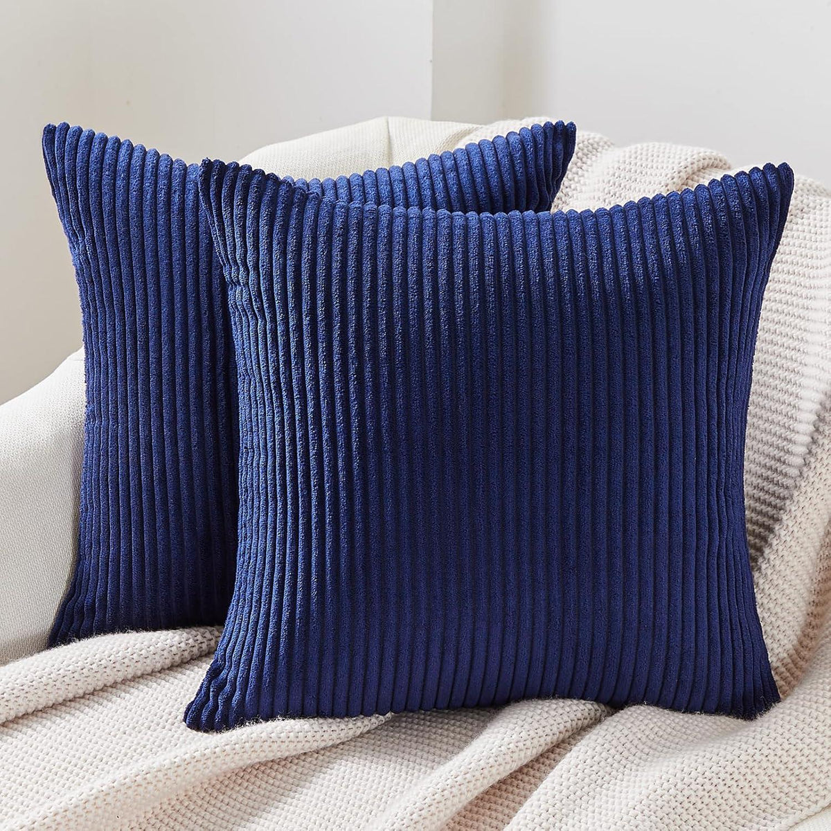 Blauer Kissenbezug 50x50 Kordsamt gestreift 2er Set