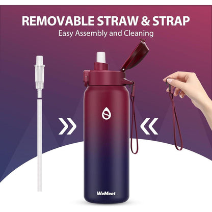 Edelstahl Trinkflasche mit Strohhalm 500ml Rot Schwarz
