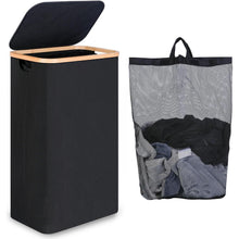 Schmaler Wäschekorb mit Deckel & Innentasche, 75L, Schwarz