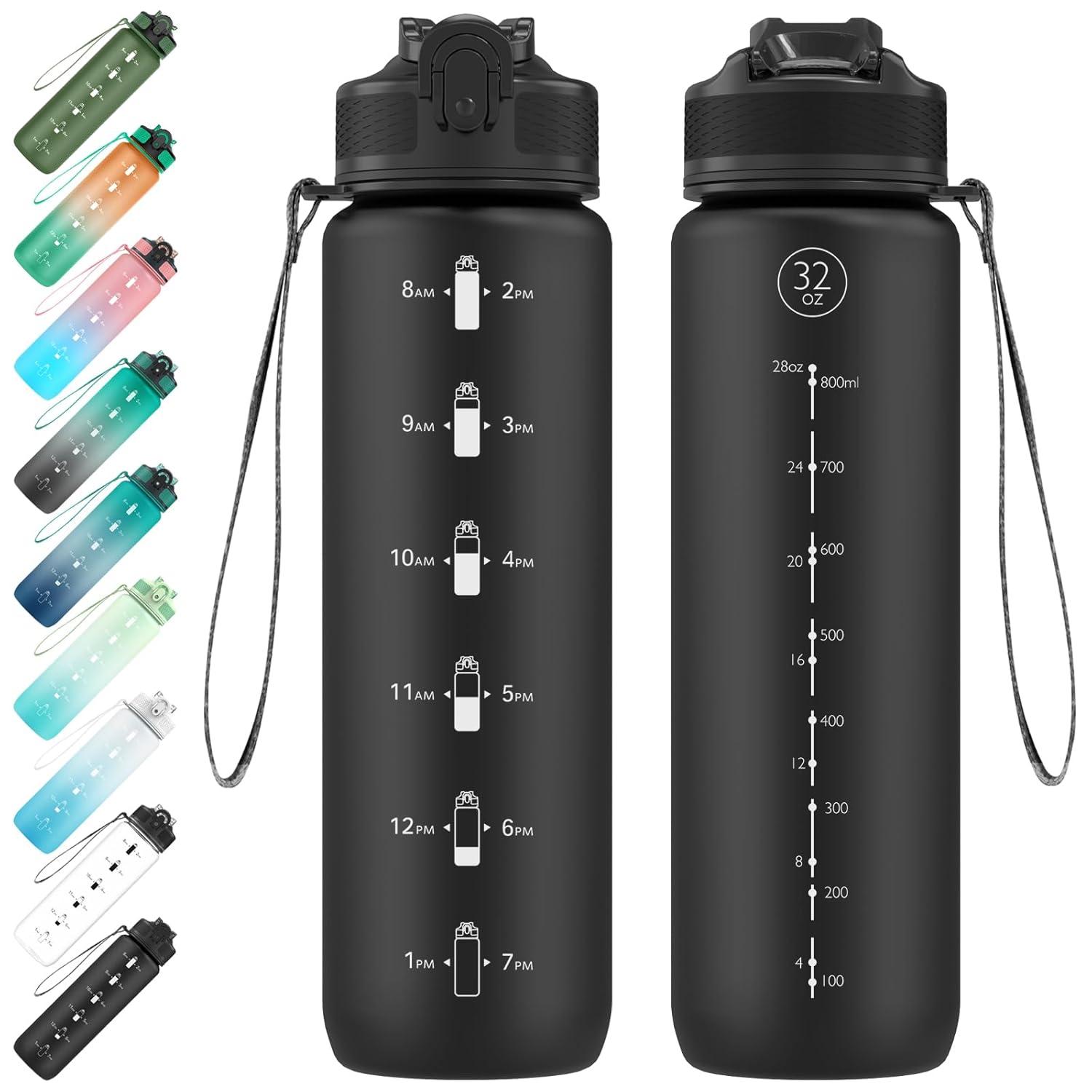 Sport-Wasserflasche mit Strohhalm und Zeitmarkierungen 1 Liter Schwarz