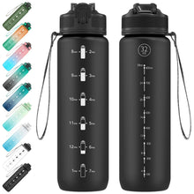 Sport-Wasserflasche mit Strohhalm und Zeitmarkierungen 1 Liter Schwarz