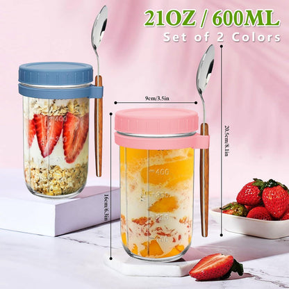 Müslibecher Glas 2er Set 600ml to go mit Löffel, auslaufsicher