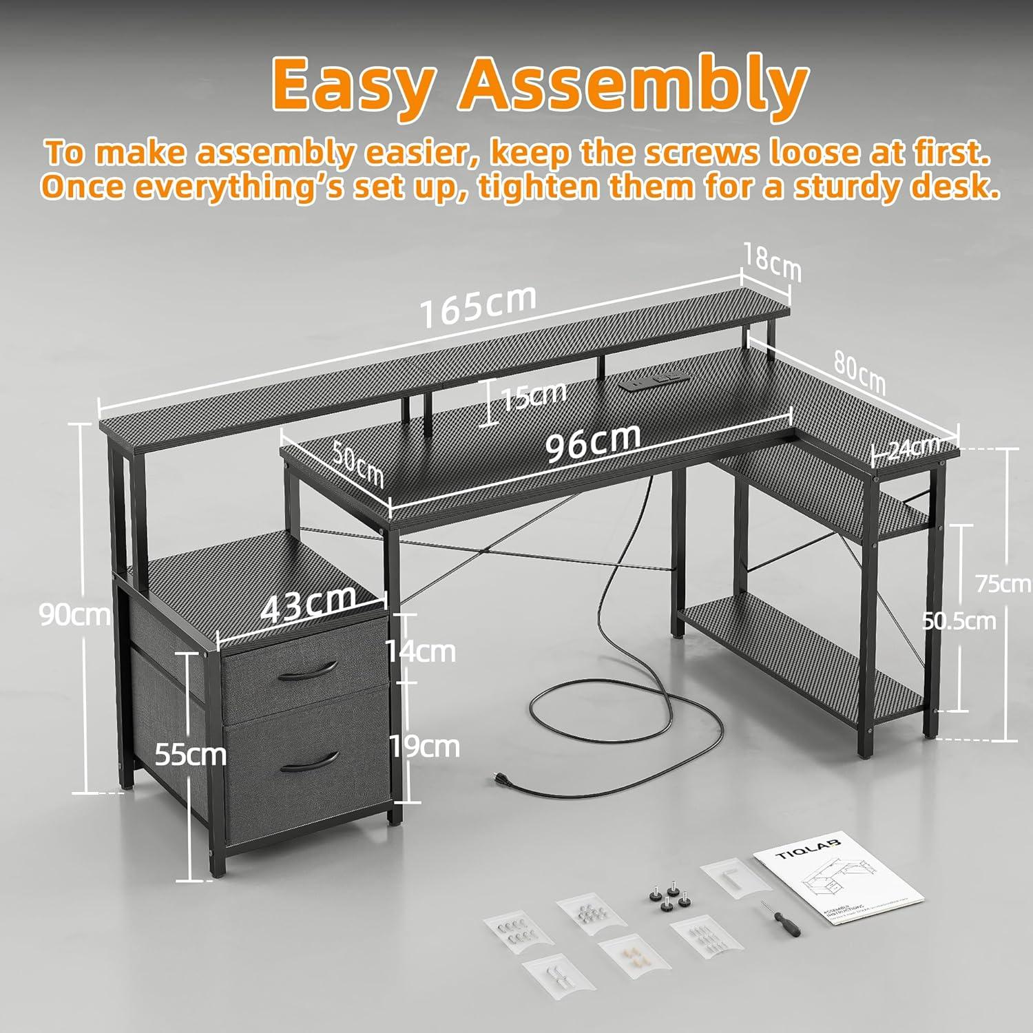 Eckschreibtisch mit Steckdosen LED 165x80cm 2 Schubladen