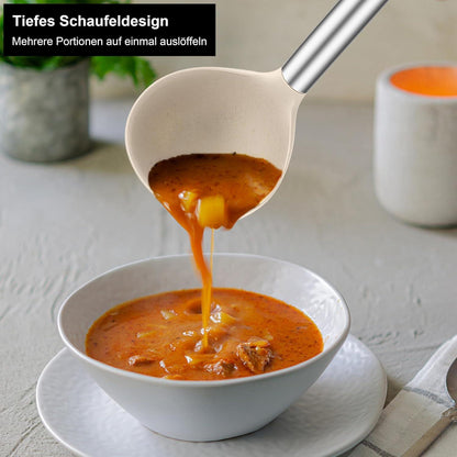 Silikon Suppenkelle 2er Set, Hitzebeständig, Edelstahlgriff, Schwarz & Khaki