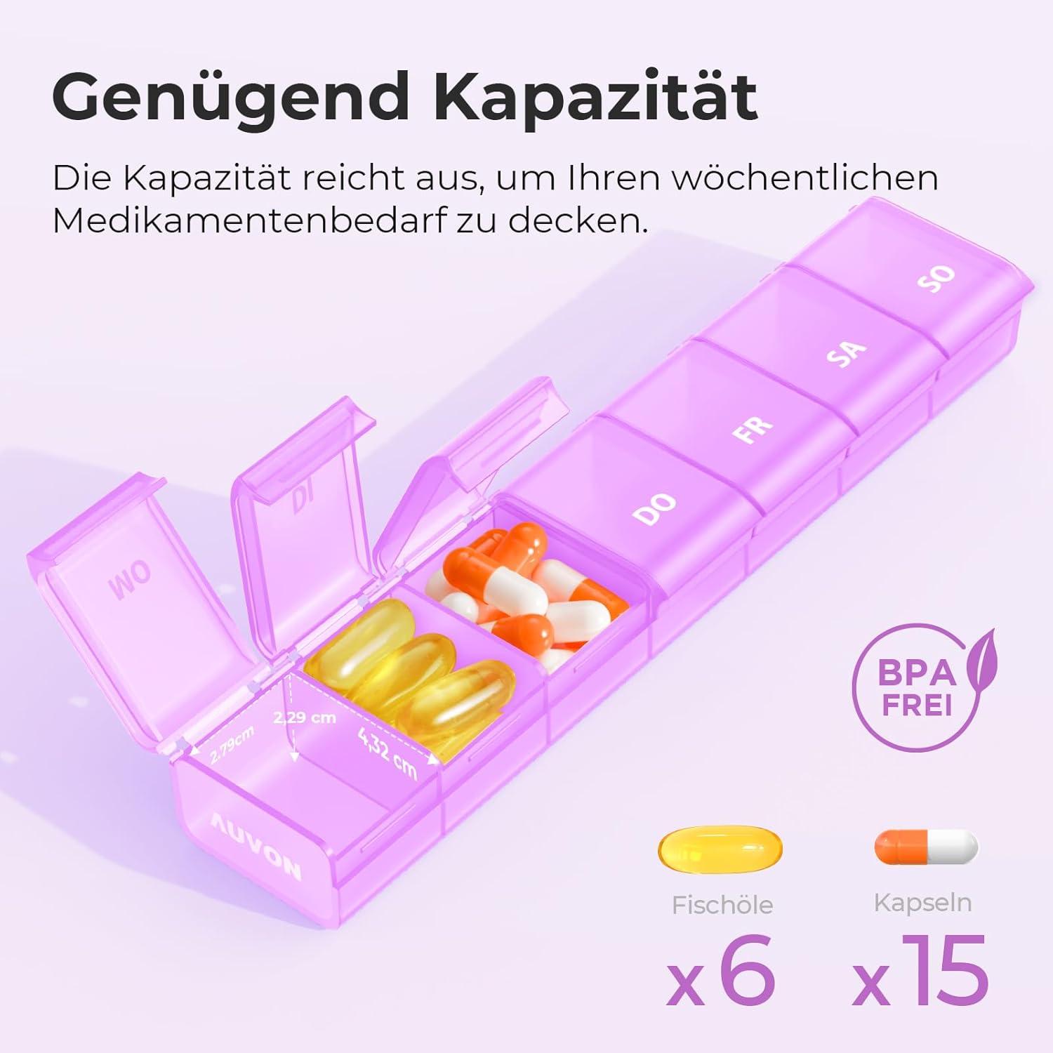 AUVON Tablettenbox 7 Tage, Pillendose Medikamentenbox für Medikamente, Vitamine, Fischöl