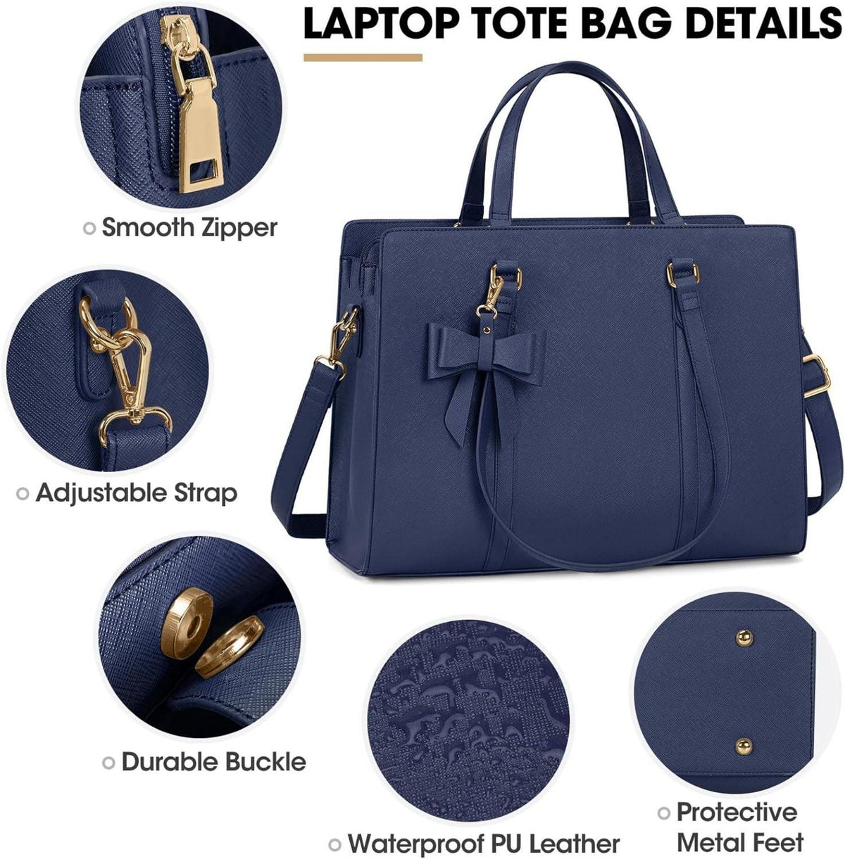 Handtasche Damen Shopper Schwarz PU Leder Laptoptasche 15.6 Zoll Blue