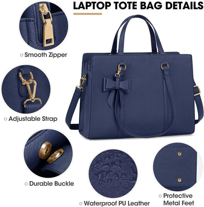 Handtasche Damen Shopper Schwarz PU Leder Laptoptasche 15.6 Zoll Blue