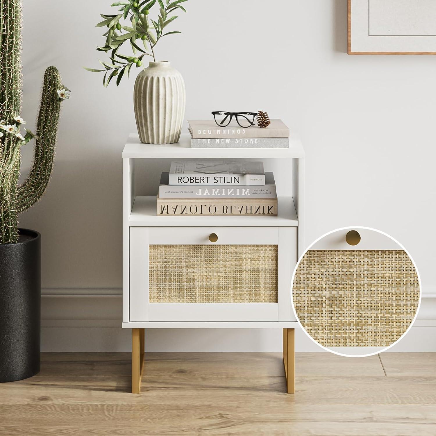 Boho Nachttisch Rattan Holz Schublade Regal golden Schlafzimmer