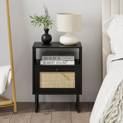Nachttisch Rattan Bauernholz mit Schublade und Regal,schwarz