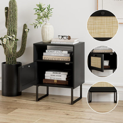 Boho Nachttisch Rattan Bauernholz Schublade Regal Schwarz