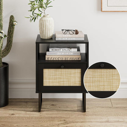 Boho Nachttisch Rattan Bauernholz Schublade Regal Schwarz