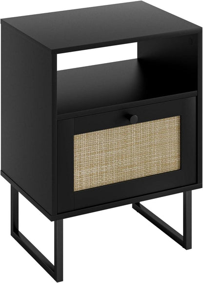 Nachttisch Rattan Bauernholz mit Schublade und Regal,schwarz