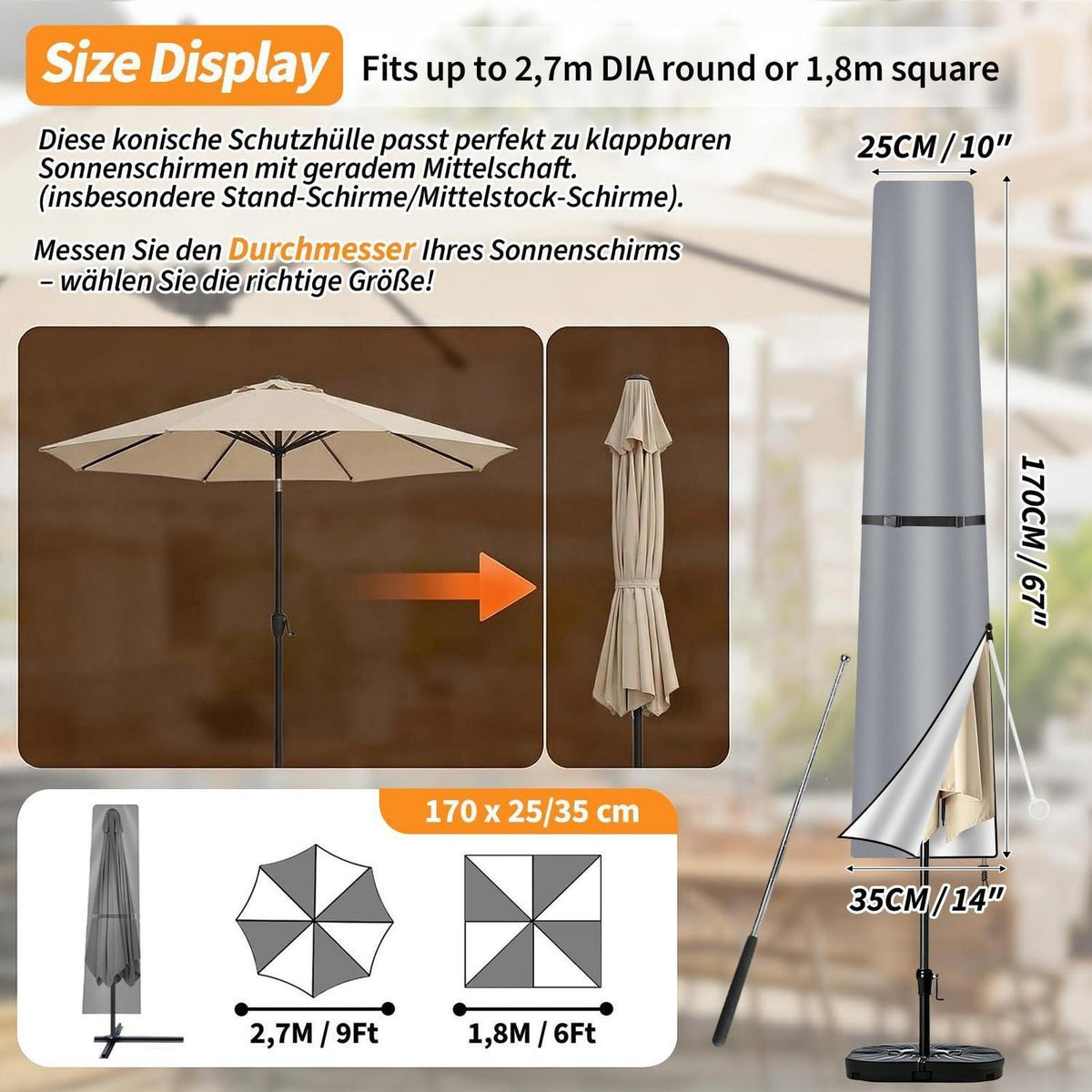 Sonnenschirm Schutzhülle 170cm Grau mit Stab & Aufbewahrungstasche