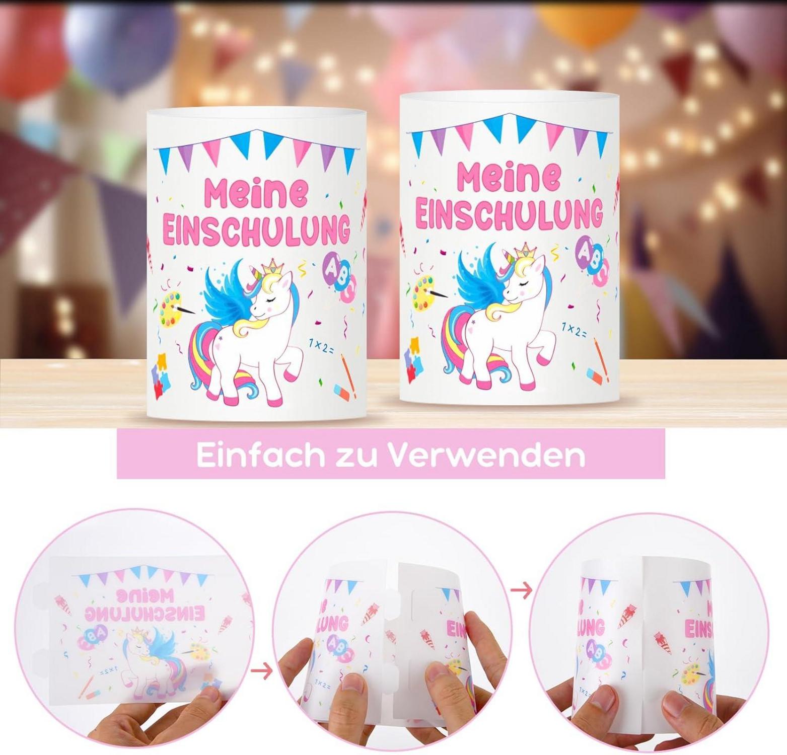 Windlicht Einschulung Mädchen Deko 12 Stück - Tischdeko Einhorn