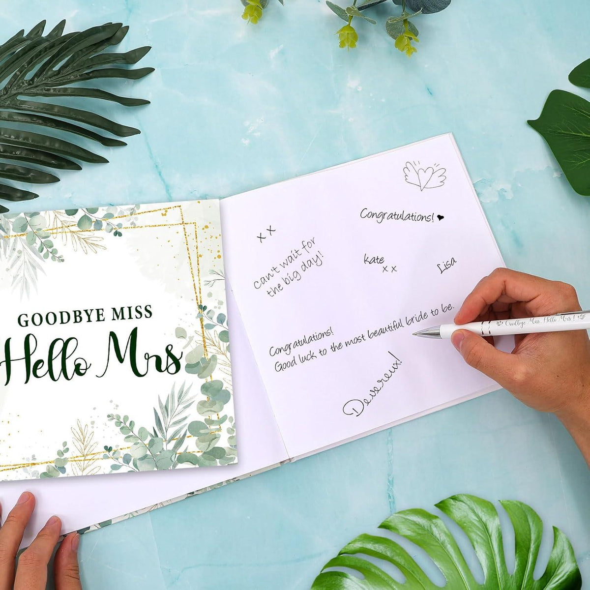 JGA Gästebuch Goodbye Miss Hello Mrs Eukalyptus Grün 32 Seiten