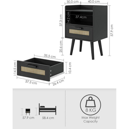 Schwarzer Rattan Nachttisch mit Schublade, goldener Rahmen