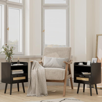 Schwarzer Rattan Nachttisch mit Schublade, goldener Rahmen