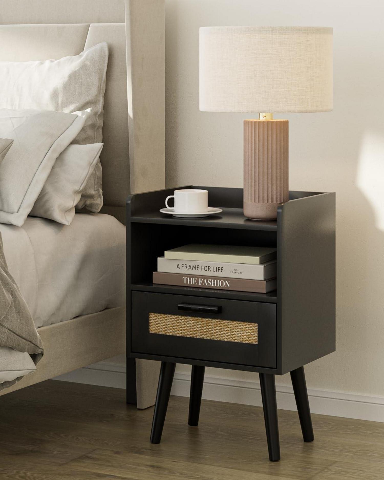 Nachttisch Rattan Schwarz Schublade Beistelltisch Gold Schafzimmer