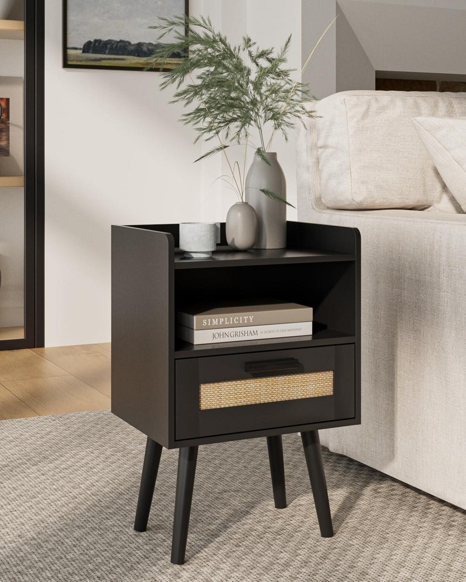 Rattan Nachttisch mit Schublade, Beistelltisch Schwarz Gold Rahmen