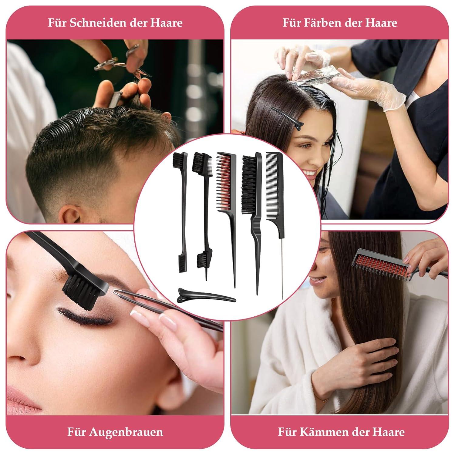 5er Sleek Bun Bürste Set Clips Kamm Haarbürste Rattenschwanz Zopf Rosa