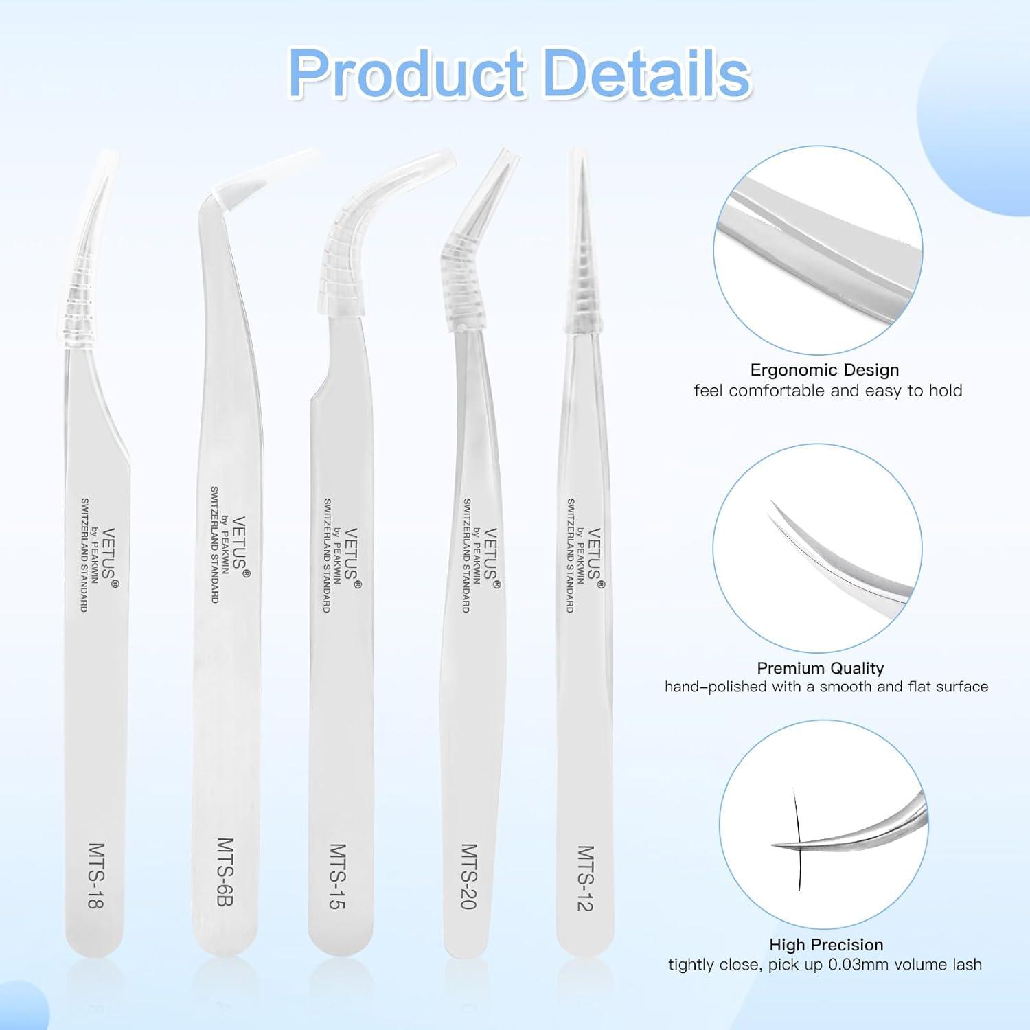 5er Set Professionelle Edelstahl Wimpernpinzetten für