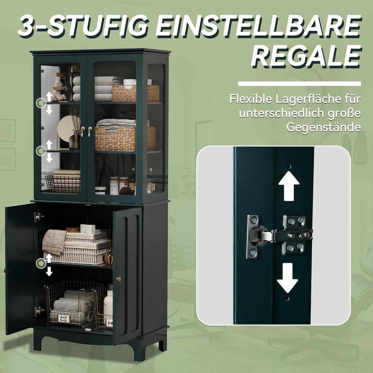 Freistehender Küchenschrank mit Glastür, Grün