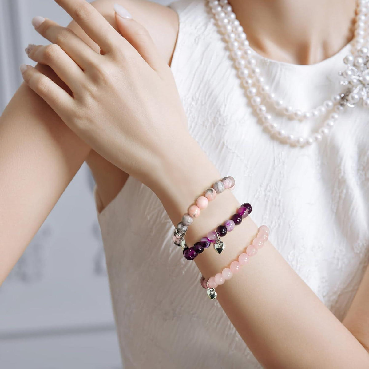 Naturstein Armband Damen Perlenarmband Herz Anhänger lila Achat