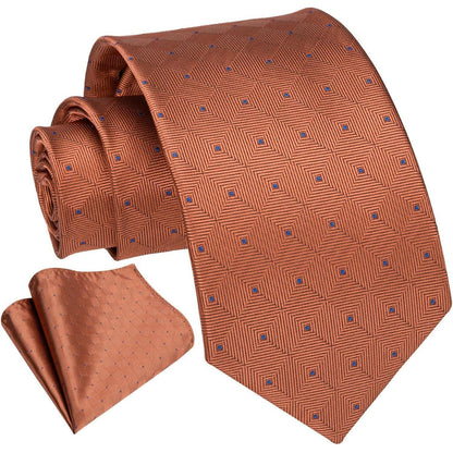 Herren Krawatten Set mit Einstecktuch, kariert, orange