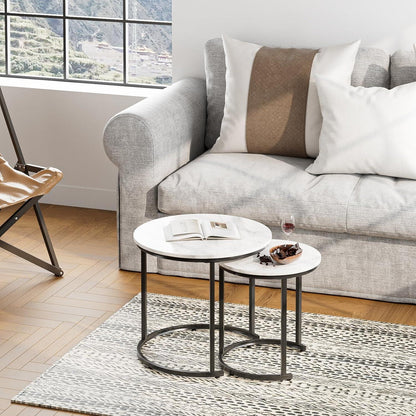 Runder Couchtisch Set Gold Metall, Marmor Weiß, 2-teilig