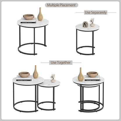 Runder Couchtisch Set Gold Metall, Marmor Weiß, 2-teilig
