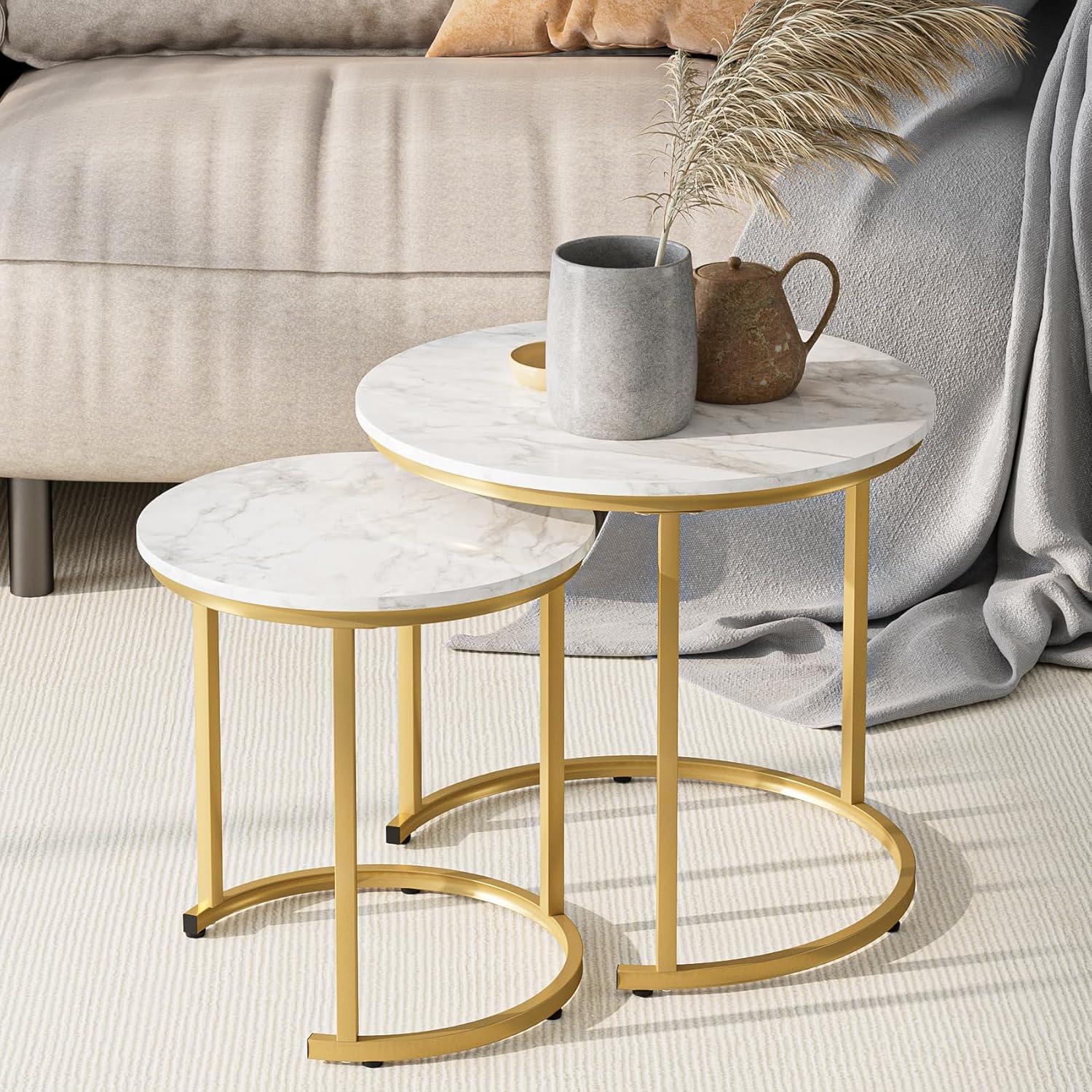 Runder Couchtisch Set 2er Gold Metall Marmoroptik White Ink