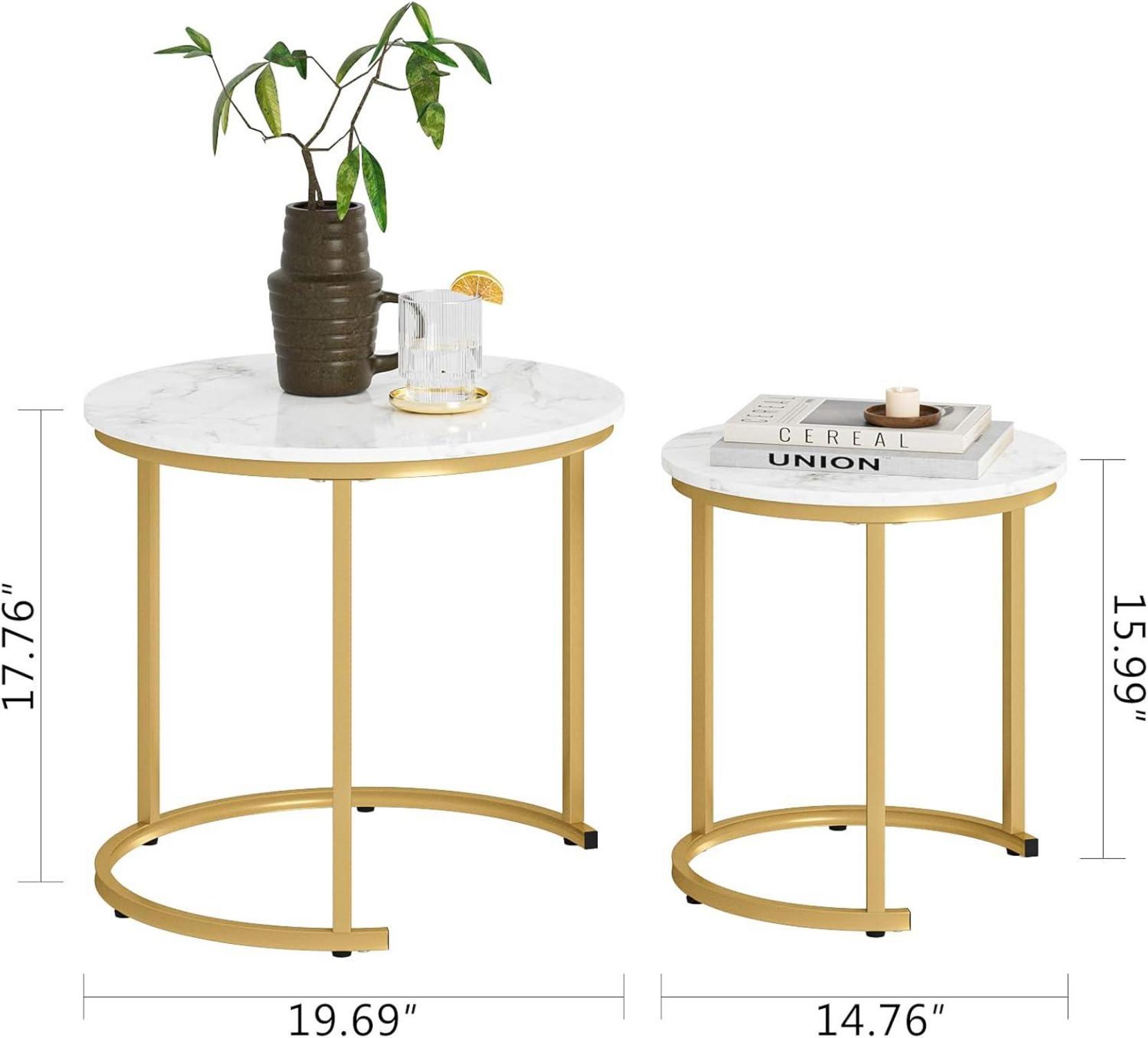 Runder Couchtisch Set Gold Metall, Marmor Weiß, 2-teilig