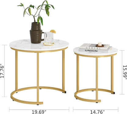 Runder Couchtisch Set Gold Metall, Marmor Weiß, 2-teilig