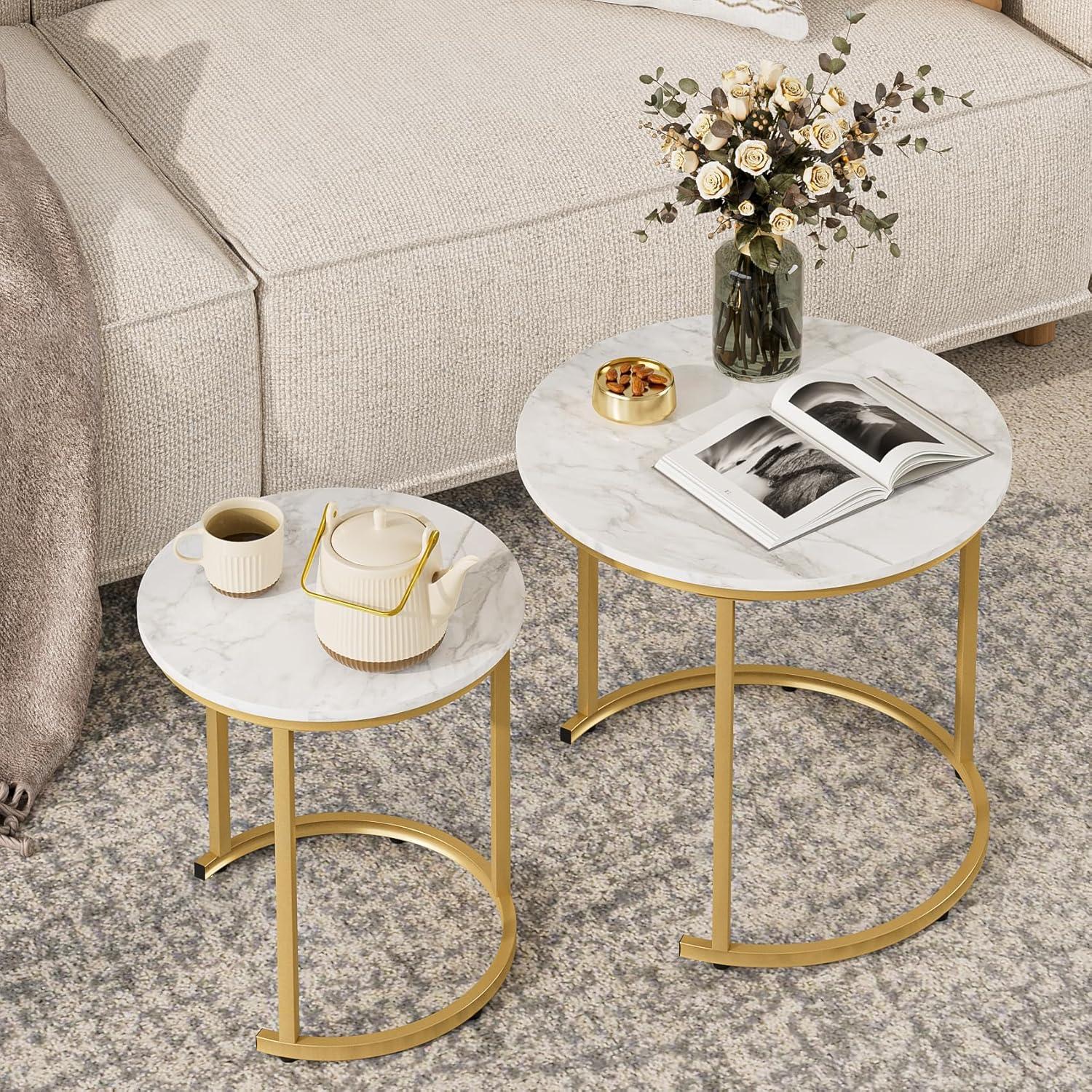 Runder Couchtisch Set 2er Gold Metall Marmoroptik White Ink