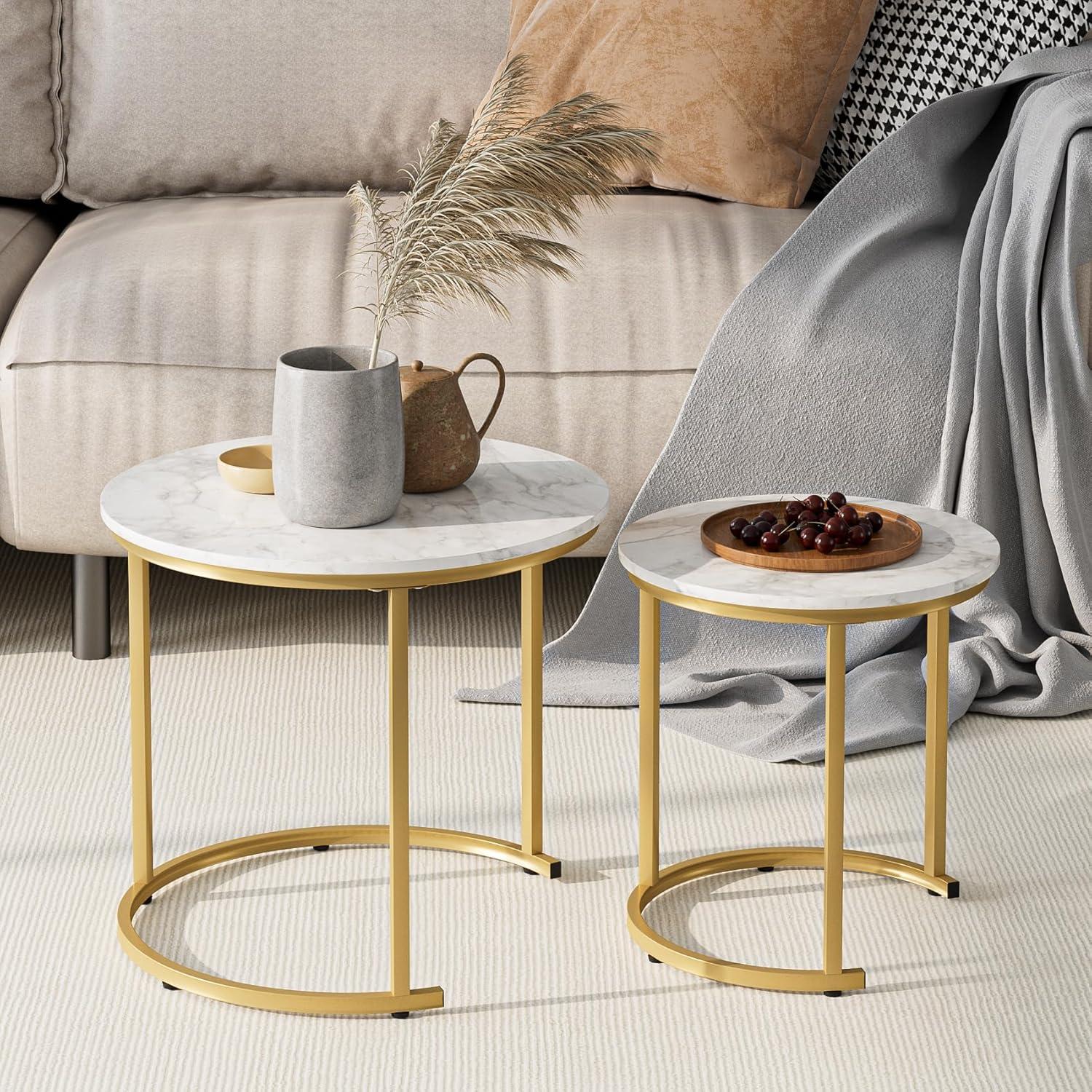 2er Set Couchtisch Rund Gold Metall Marmor-Design Wohnzimmertisch
