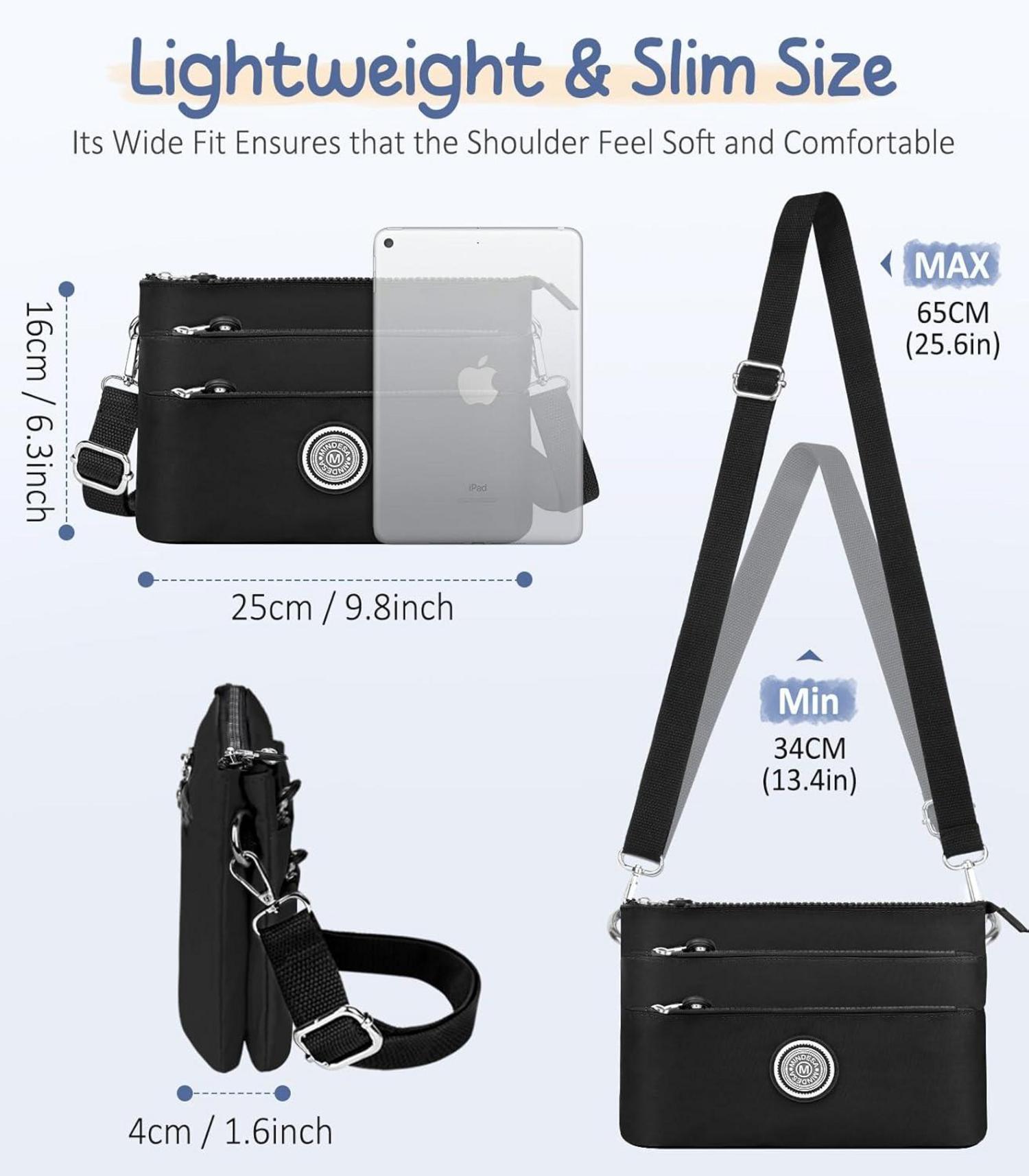 VOBUKE Umhängetasche Damen Mittelgroß Nylon Wasserdicht Crossbody Bag Verstellbarer Schultergurt Schwarz