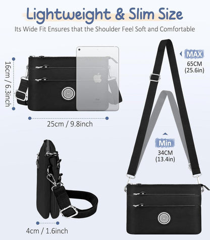 VOBUKE Umhängetasche Damen Mittelgroß Nylon Wasserdicht Crossbody Bag Verstellbarer Schultergurt Schwarz