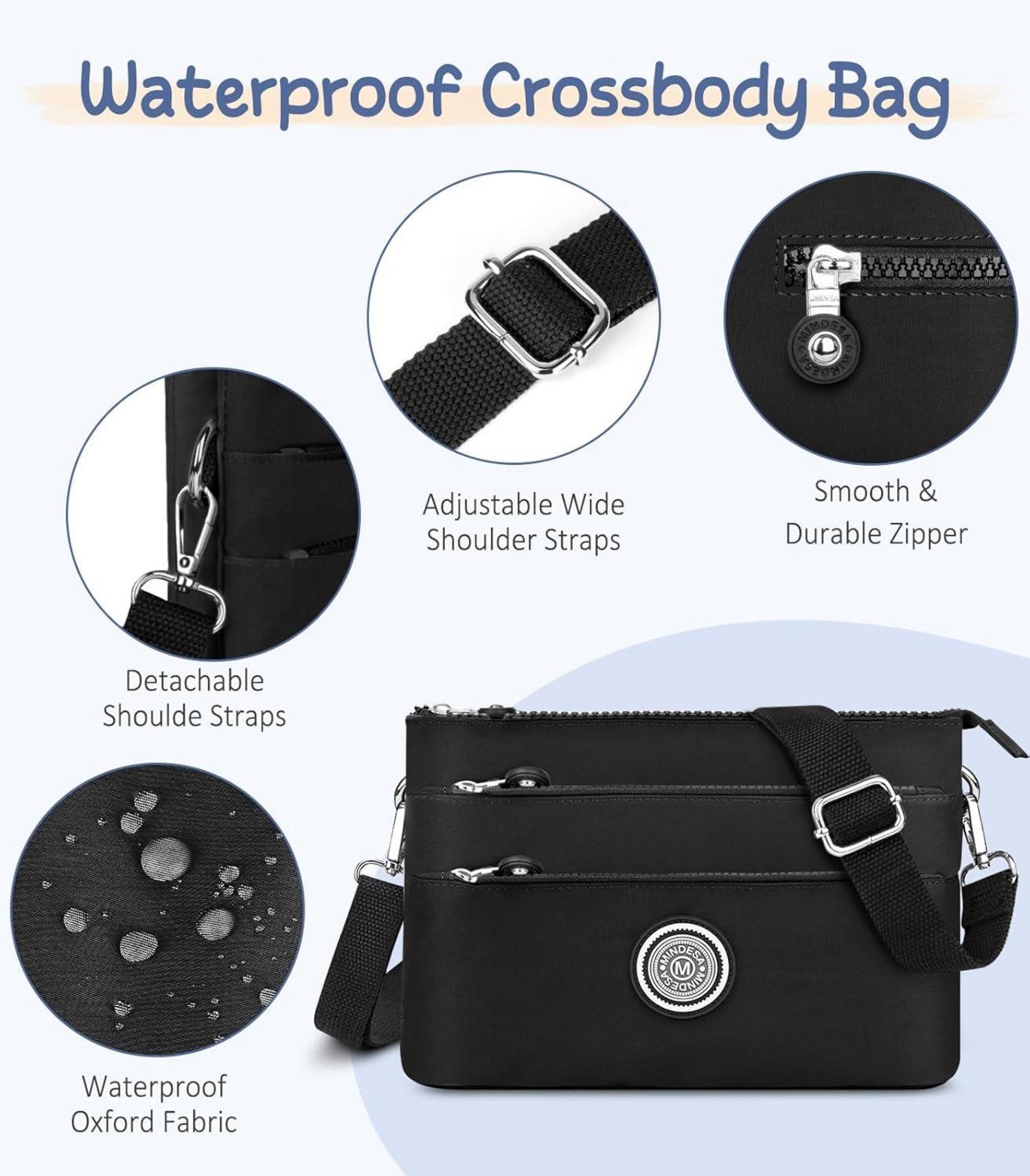 Umhängetasche Damen Nylon Wasserdicht Crossbody Bag Schwarz