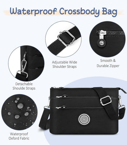 Umhängetasche Damen Nylon Wasserdicht Crossbody Bag Schwarz