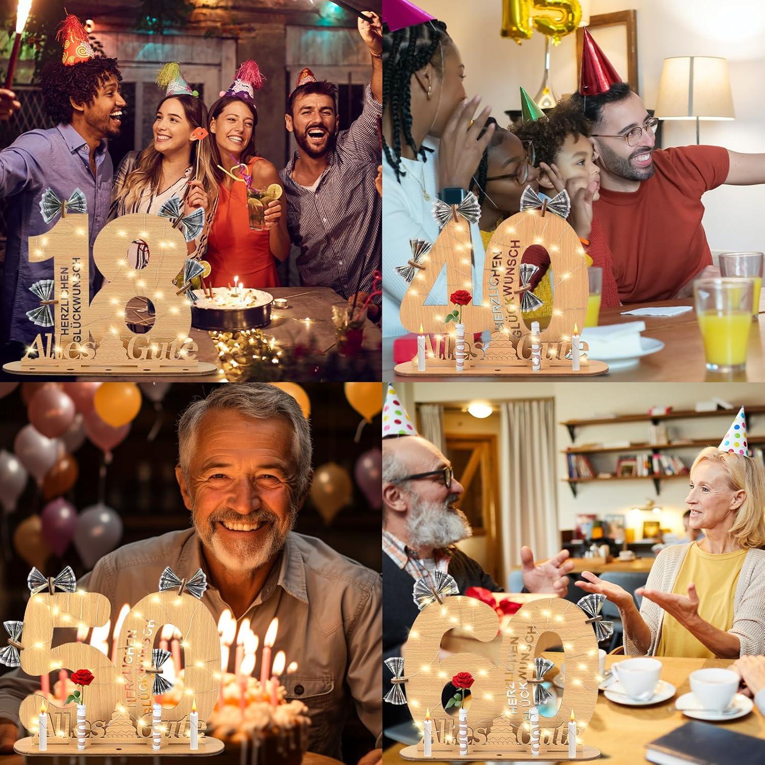 60. Geburtstag Geldgeschenk Gästebuch LED Lichterkette Holz Tischdeko