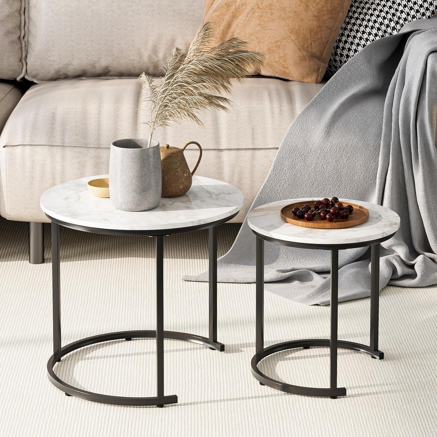 Runder Couchtisch Set Schwarz Metall Marmor Style 2er Beistelltisch Modern
