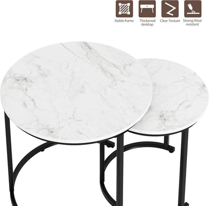 Couchtisch Rund 2er Set Schwarz Metall Marble Design