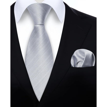 Herren Krawatte mit Einstecktuch Set, Silbergrau, Elegant
