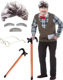 Opa Kostüm mit Perücke Schnauzbart Brille Aufblasbarer Spazierstock